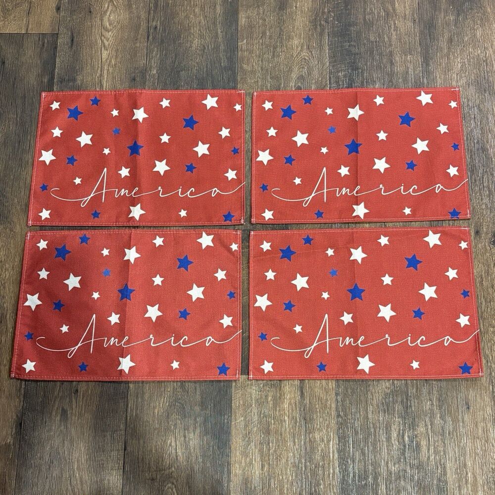 Set of 4 Patriotic America Placemats Red White Blue Stars 17x12 Reuseable